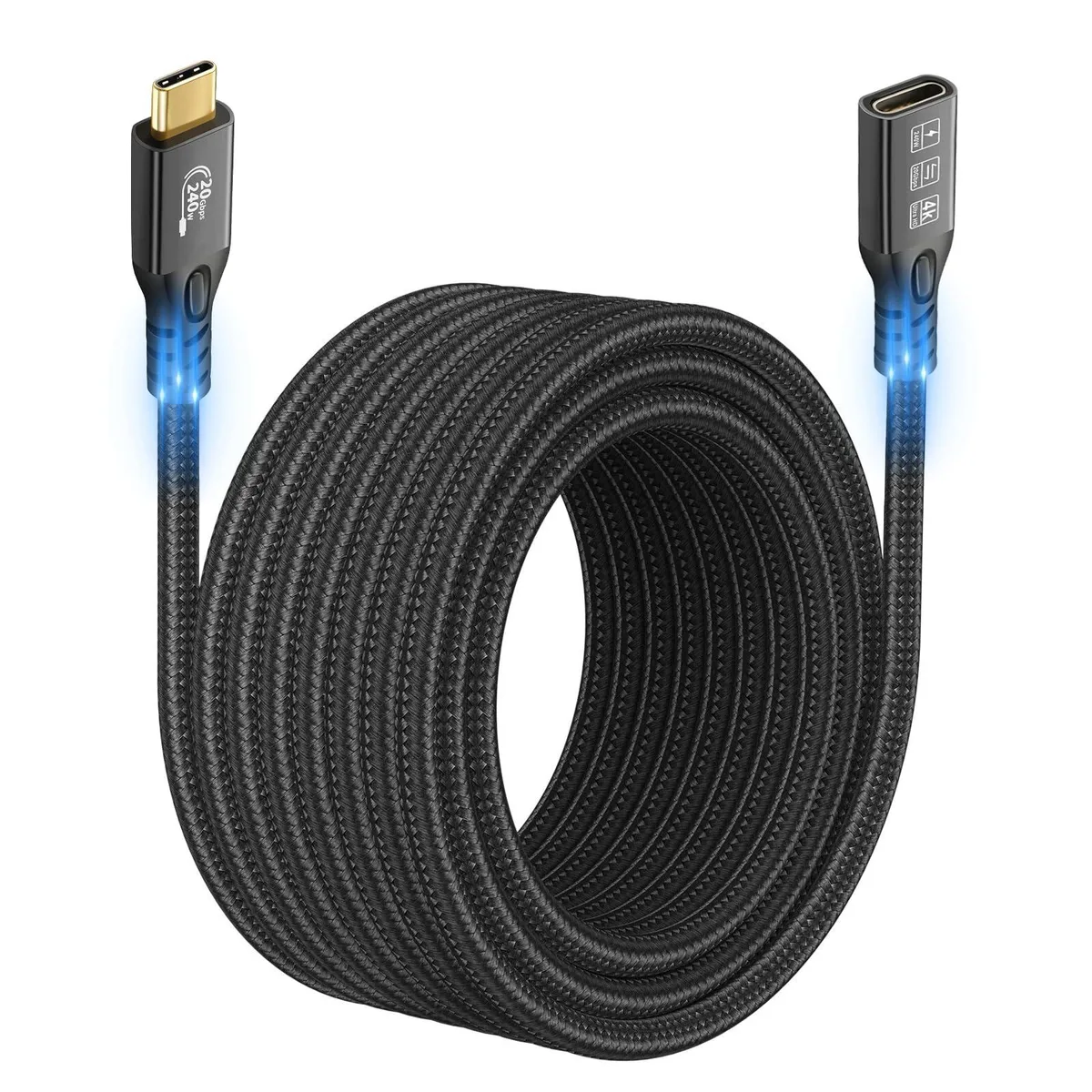 Black 3-meter USB-C male-to-female extension cable with aluminum connectors