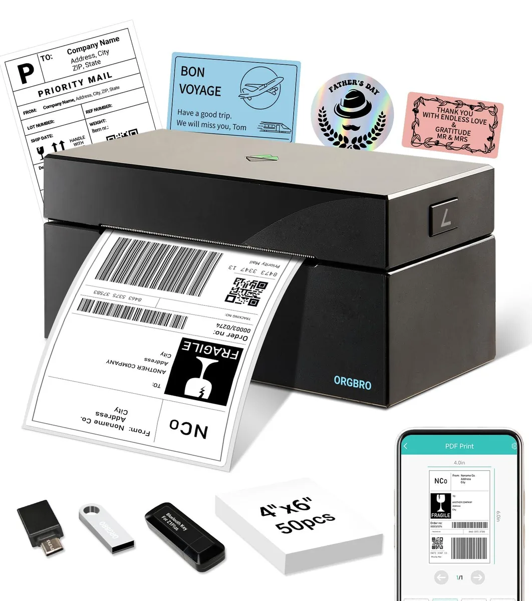 Compact black thermal label printer with top button, 8.5 by 8.5 by 18.5 cm