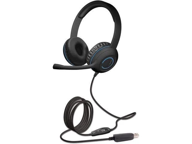Black over-ear USB headset with padded leatherette earcups, adjustable headband