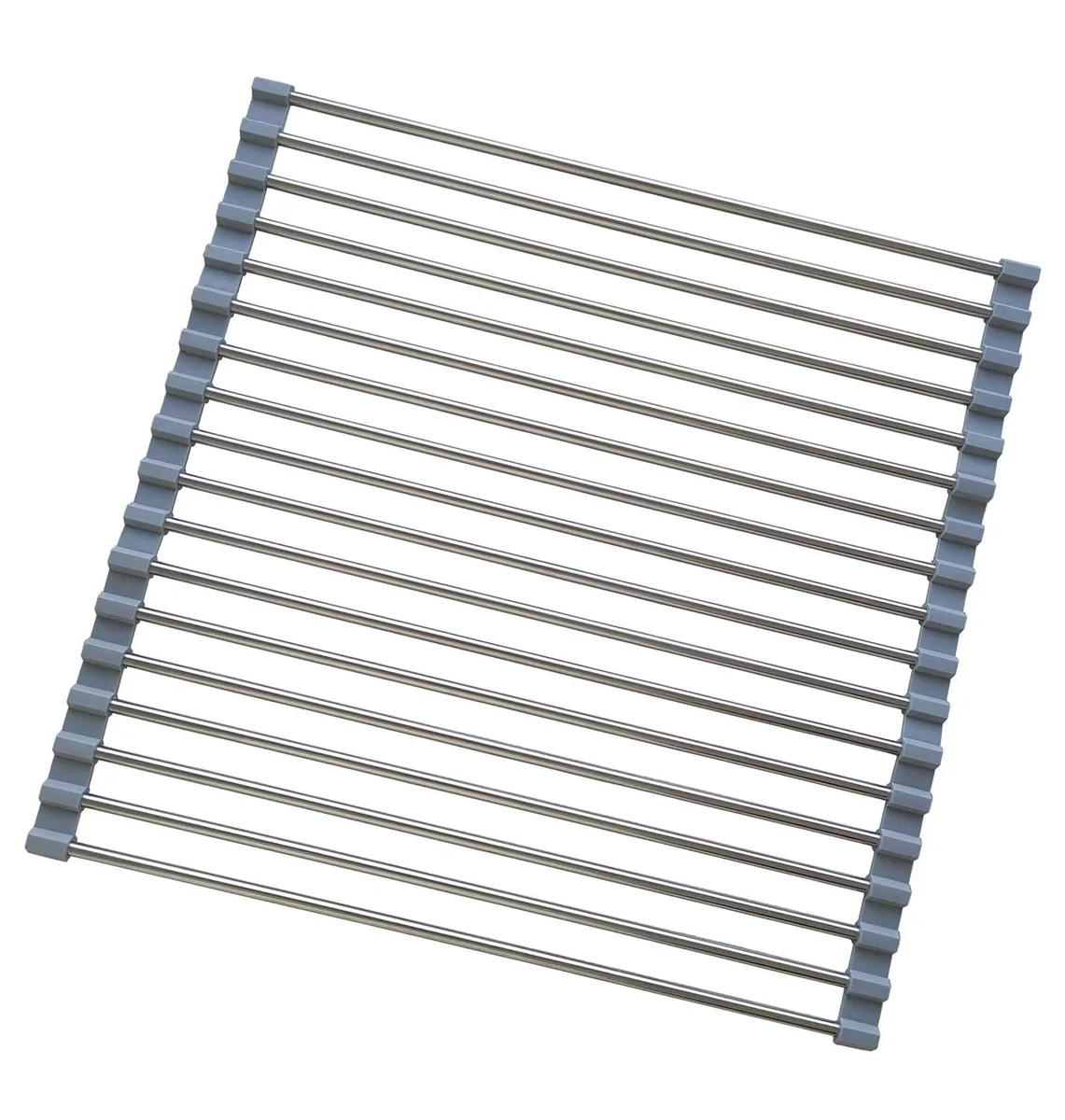Red foldable roll-up rack with 18 stainless steel rods and silicone coating, 14.5 by 14 inches