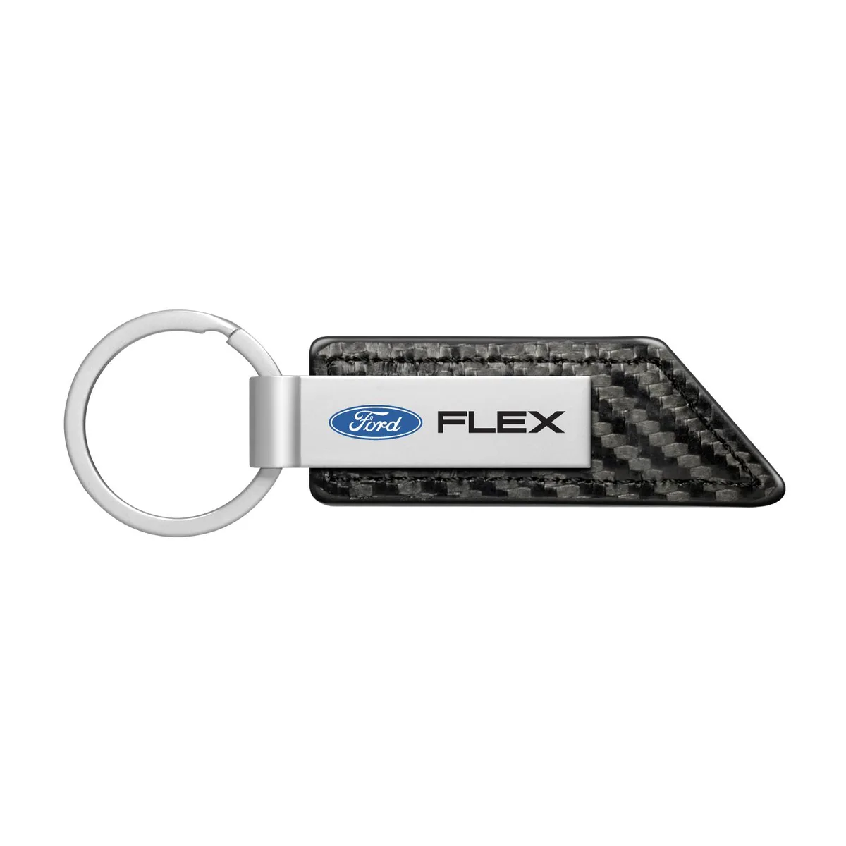 Black PU leather key chain with carbon-fibre texture, metal Ford Flex logo strip, flat split ring