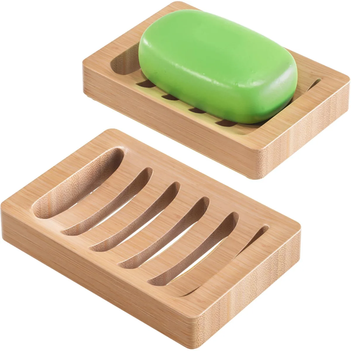 Two natural bamboo soap dishes with slatted drainage and rubber feet
