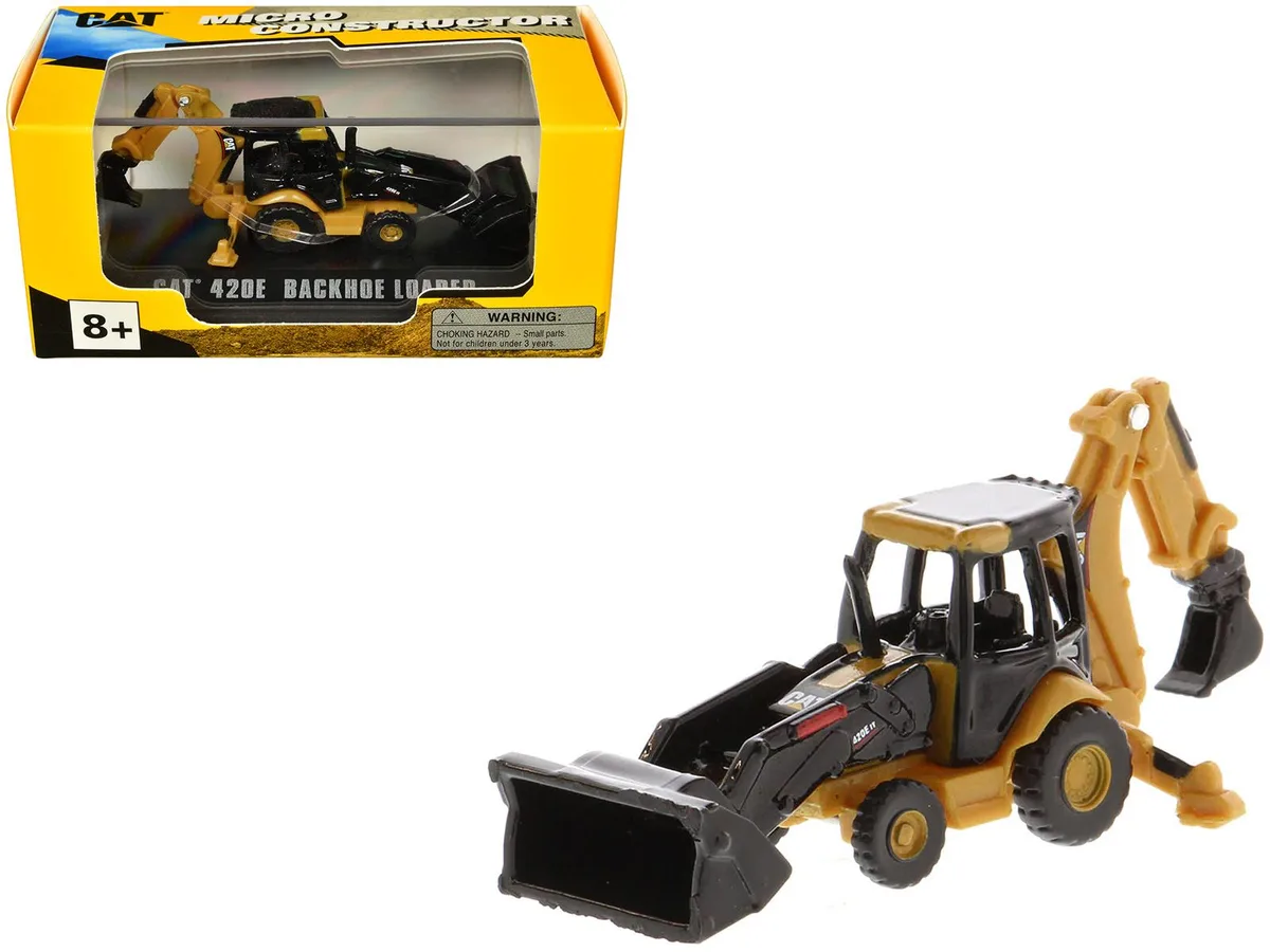 Yellow diecast CAT 420E backhoe loader in clear acrylic display case, movable boom and stick, detailed interior and exterior