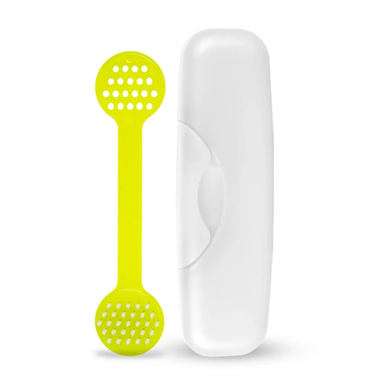 Yellow tongue cleaner with wide dual-action head and handle