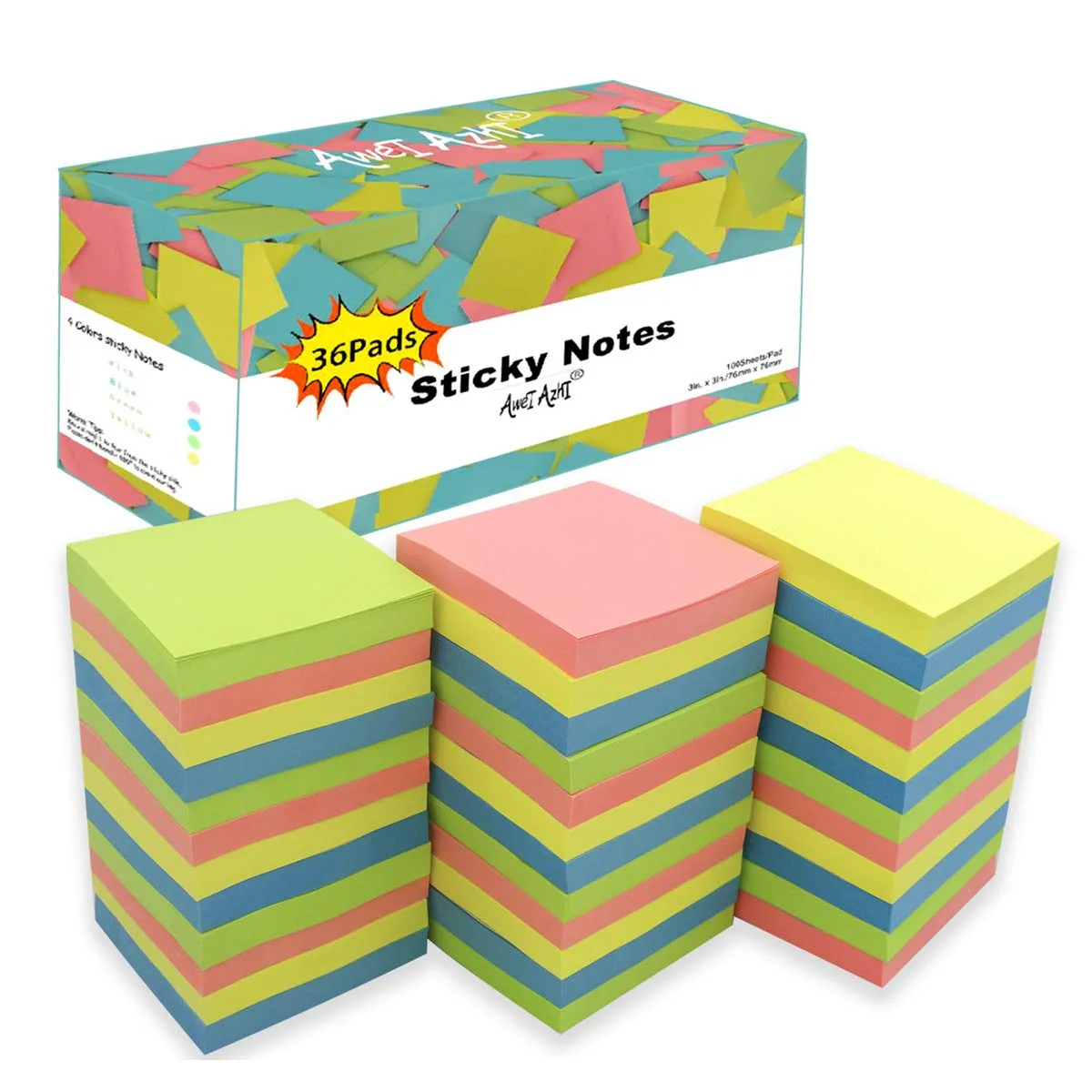 Square multicolor sticky notes, 36 pads in a box, each pad 100 sheets, yellow green blue pink