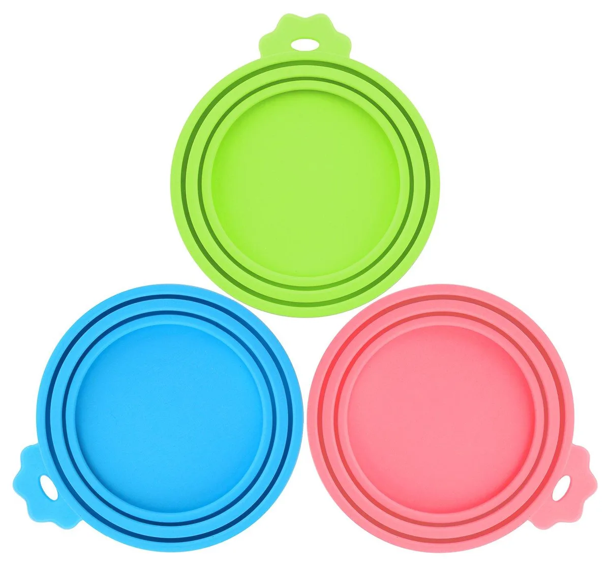 Three flexible silicone can lids in assorted colours, each with a small pull-tab handle