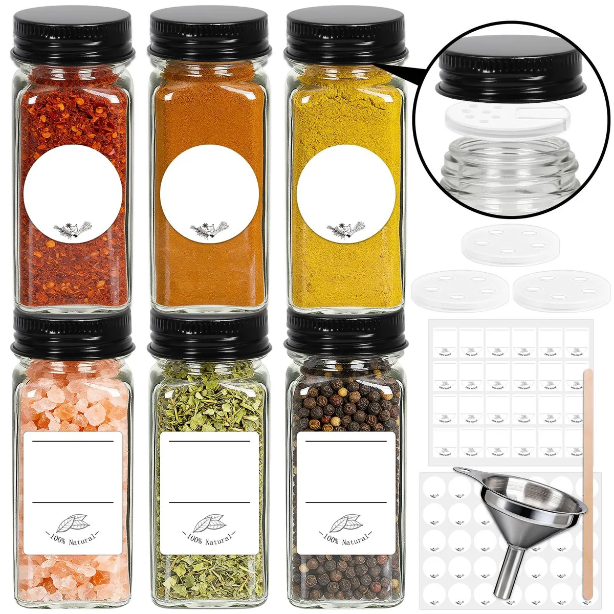 Six square glass spice jars with black lids and labels