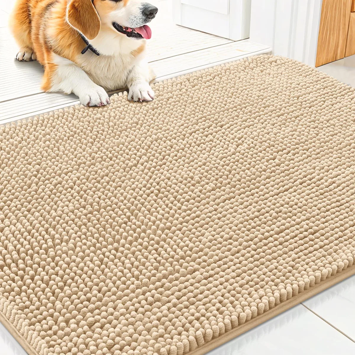 Beige rectangular chenille mat with low pile and rubber backing