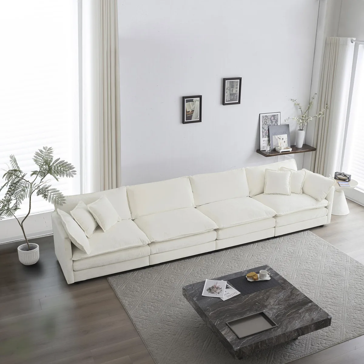 White modular chenille sofa, four-seat configuration, clean-lined form