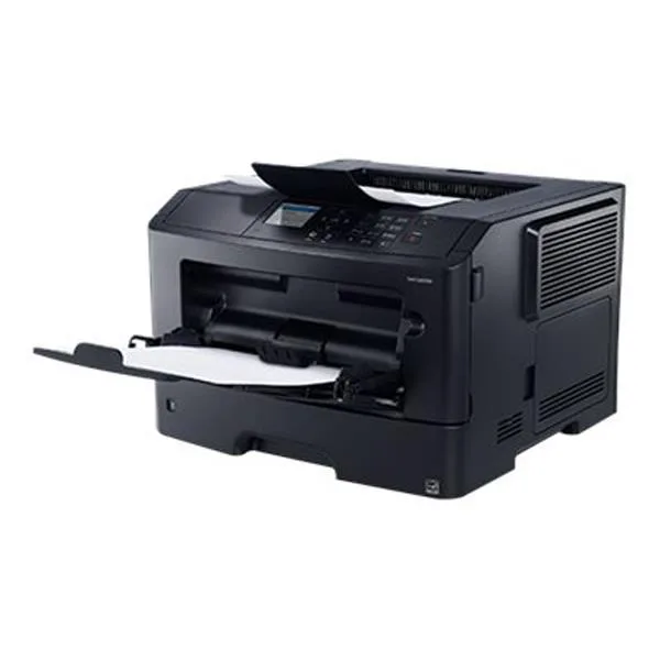 White rectangular office laser printer with 2.4 inch display and front paper trays