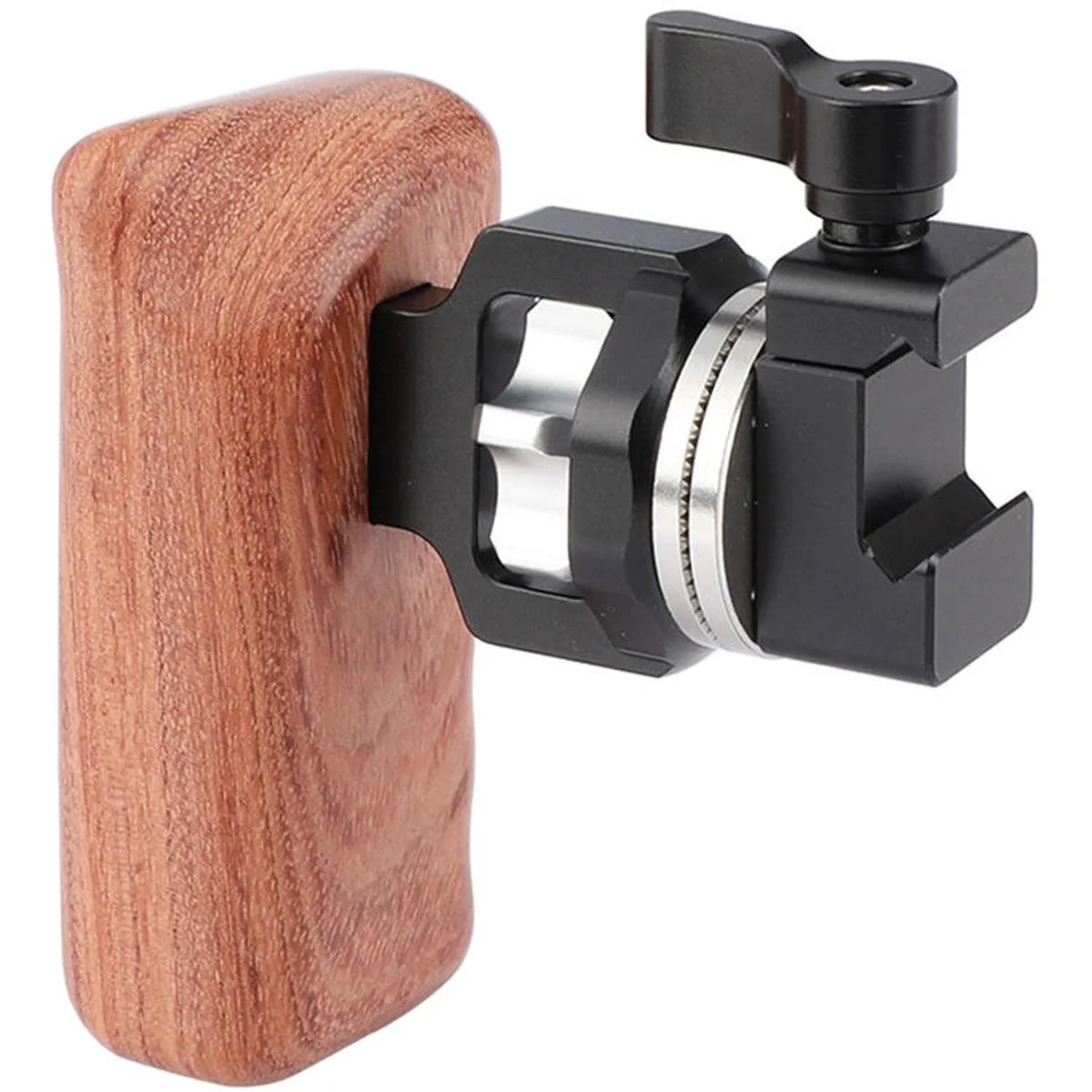 Wooden left-hand grip with ARRI rosette and NATO clamp