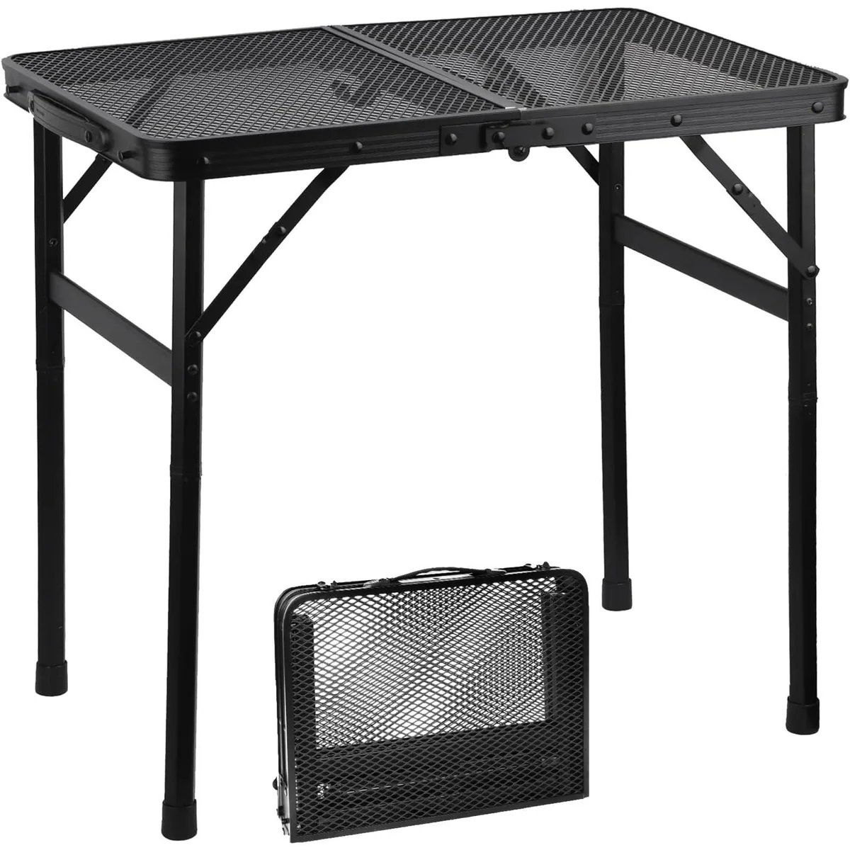 Black folding camping table with aluminium frame and heat-resistant mesh top, folded flat showing carry handle