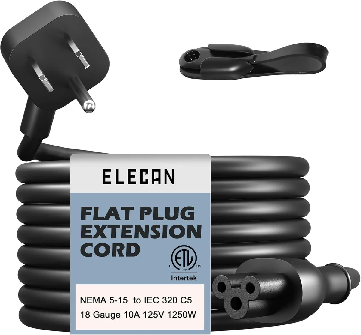  Elecan 45 Degree Angled Flat Plug C5 Power Cord 20 ft 18 AWG Black — product photo