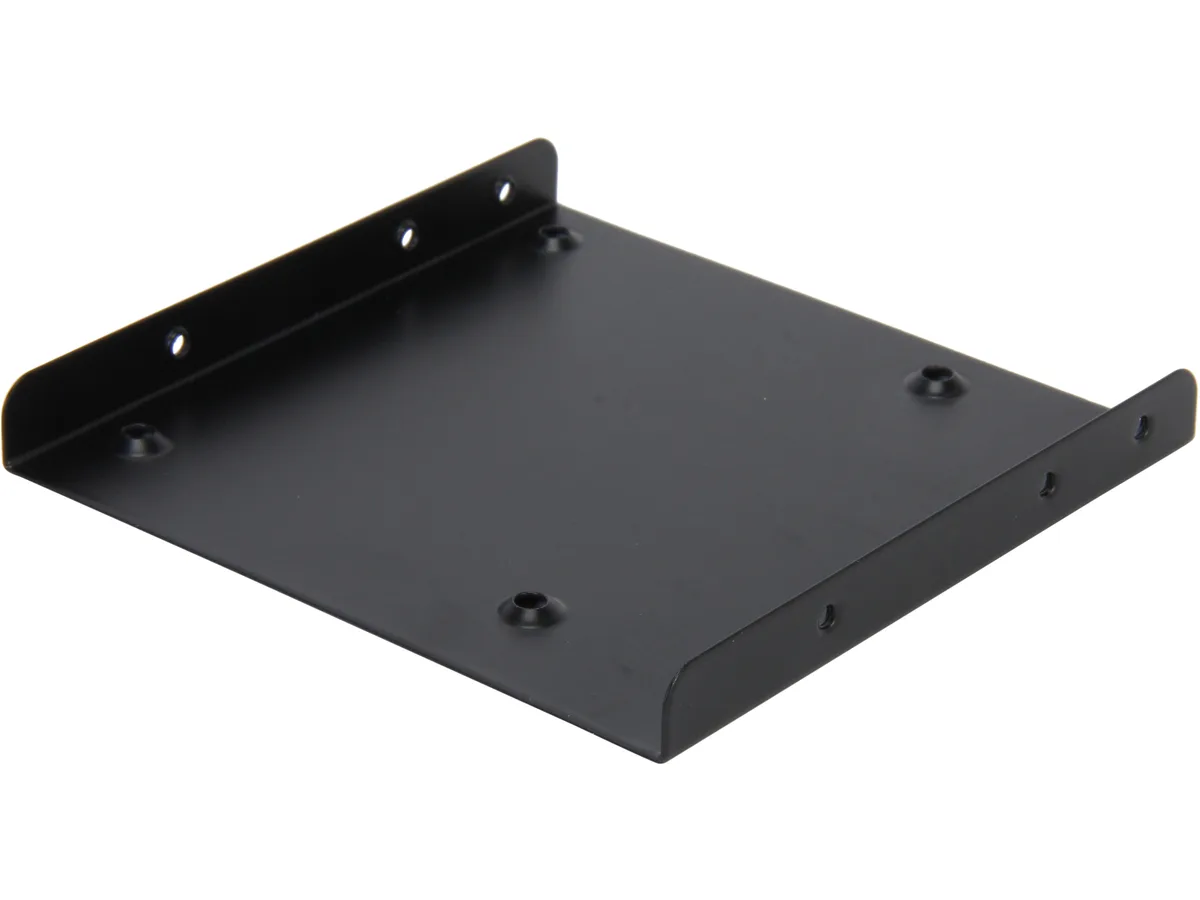 Black metal bracket converting a 2.5 inch drive to a 3.5 inch bay