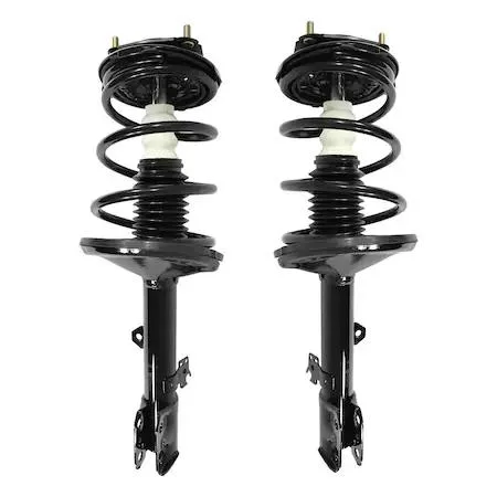 Two silver front strut assemblies with coiled springs and top mounts side by side