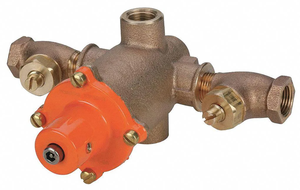 Bronze emergency mixing valve with temperature gauge, compact rectangular body, threaded inlet and outlet ports