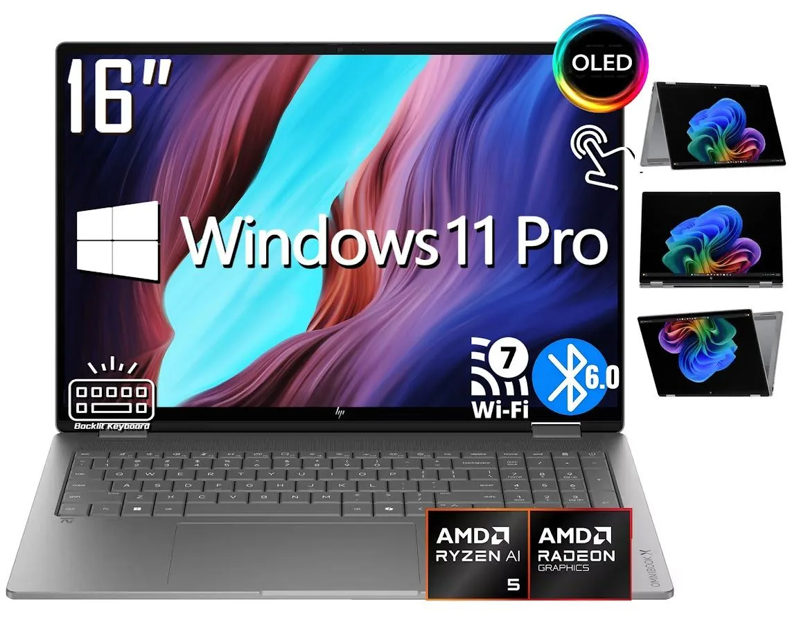 HP HP OmniBook X 2-in-1 laptop AMD Ryzen AI 5 430 16GB 1TB 16" OLED touchscreen Windows 11 Pro — product photo