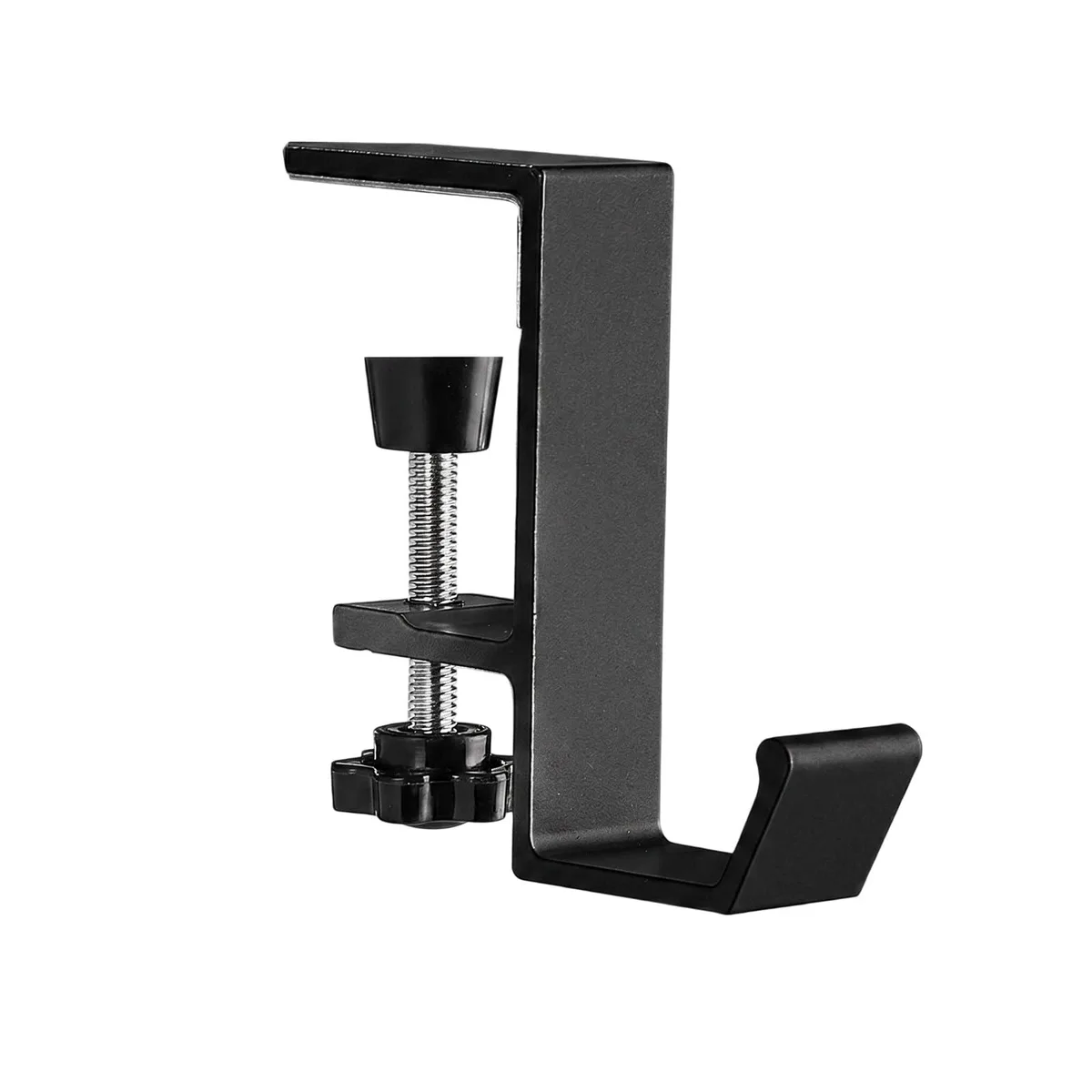 Black aluminium clamp-on desk hook with dual-height hooks and sponge-padded jaws