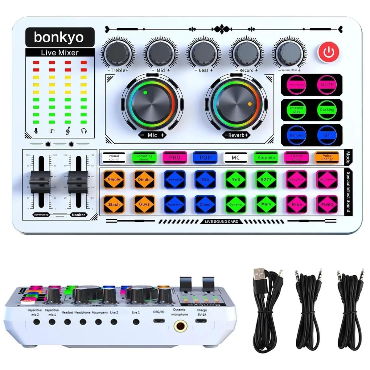 F999 White Live Streaming Sound Card Professional Audio Mixer Voice Changer Soundboard — product photo