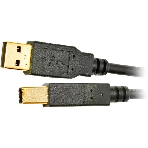 Black USB 2.0 cable six feet long with gold Type A and Type B connectors