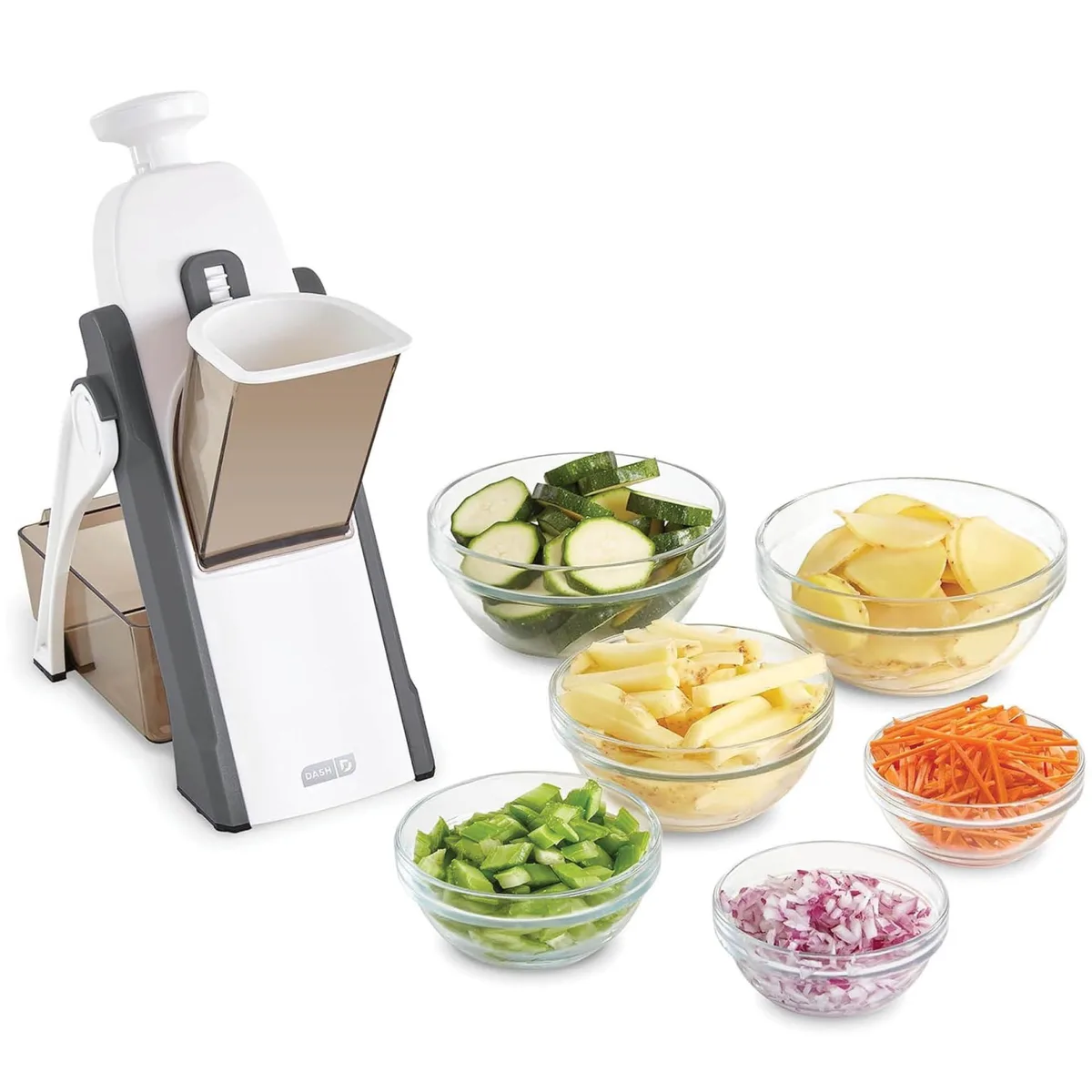 Grey foldable mandoline slicer with thickness dial and food catch container