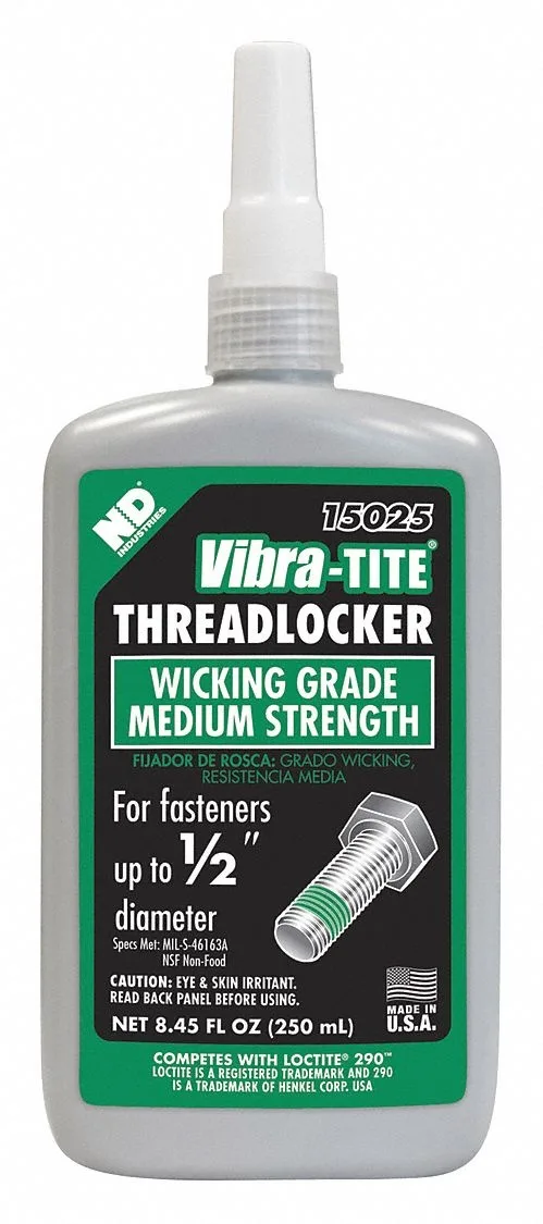 Green liquid threadlocker in a 250 mL white bottle with black cap