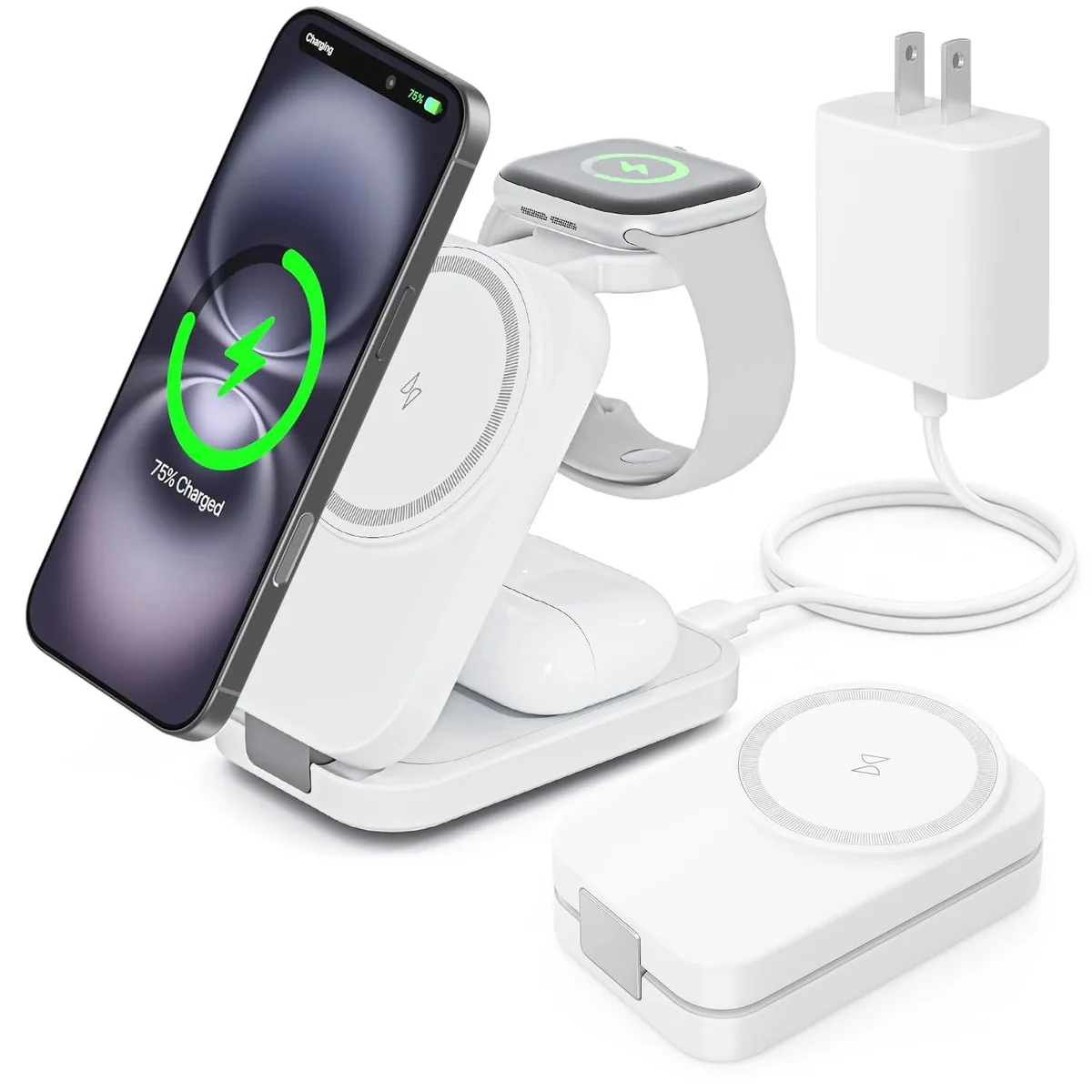 NEZART T18-W-US 3-in-1 Magnetic Wireless Charger White 15W 20W Adapter — product photo