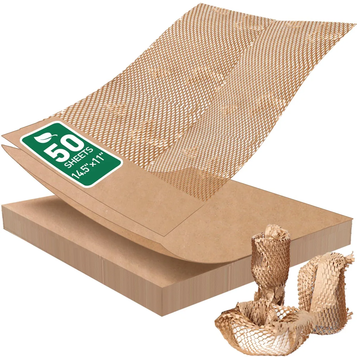 Stack of fifty brown kraft honeycomb paper sheets, unexpanded eleven by fourteen point five inches, expands to twelve by sixteen inches