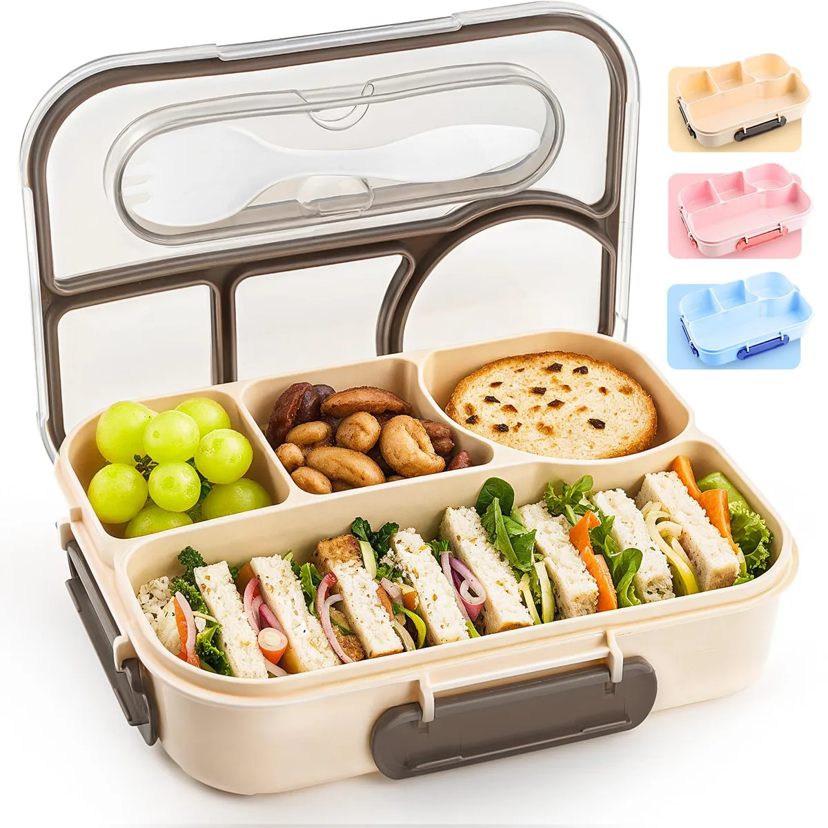 Khaki rectangular lunch bag with four compartments visible