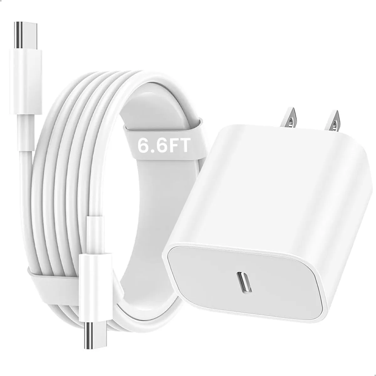 White 20W USB-C wall charger and 6.6ft USB-C to USB-C cable