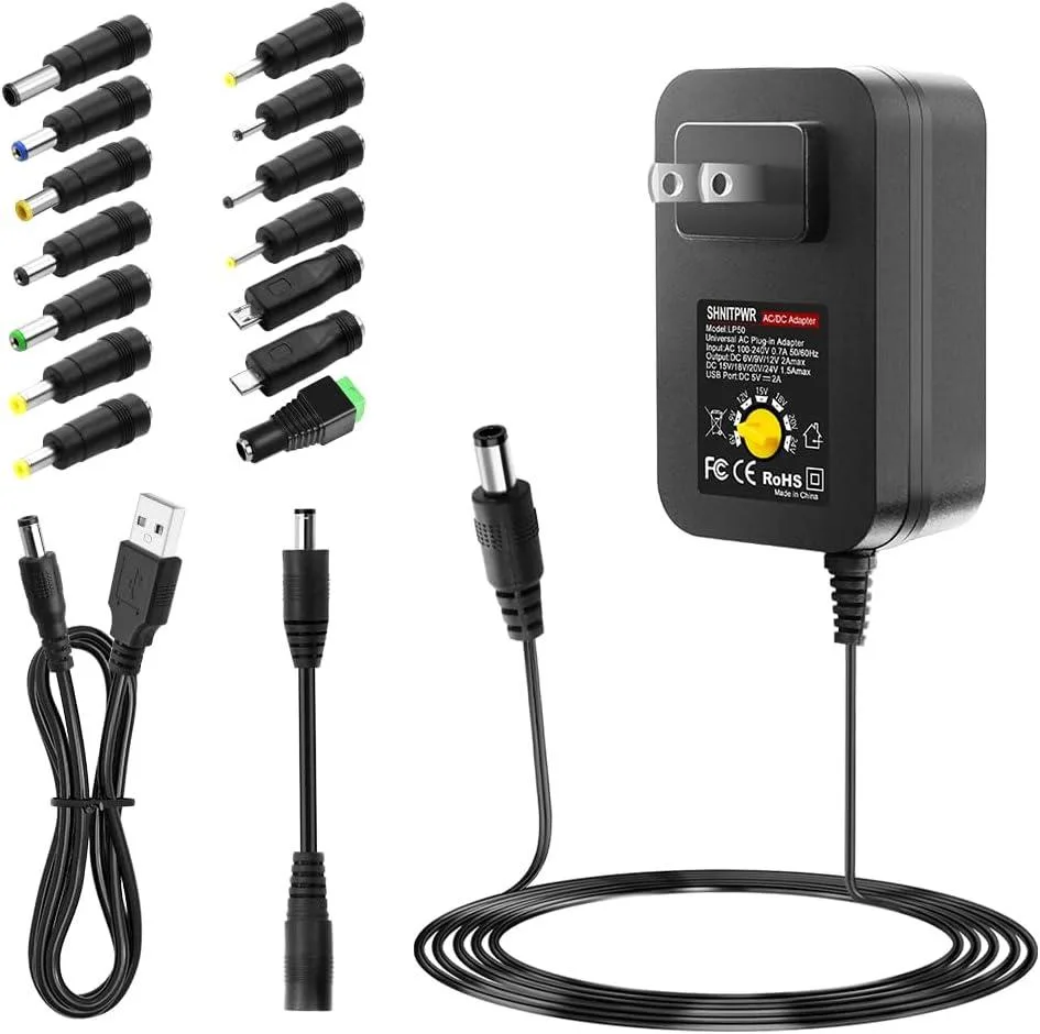 BASEUS BASEUS 36W Adjustable AC Adapter 6V-24V USB 5V 2A 14 Tips — product photo