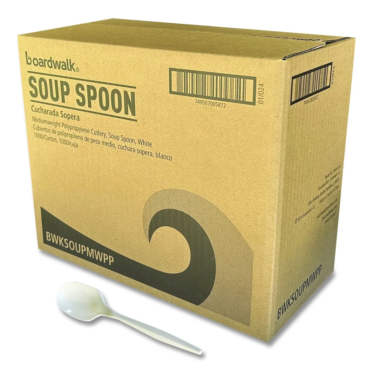White mediumweight polypropylene soup spoon, 4.86 inches long, carton of 1000