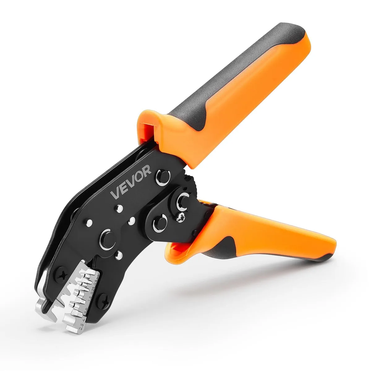 Red ratcheting crimp pliers with metric and AWG markings, star wheel adjuster and quick release lever