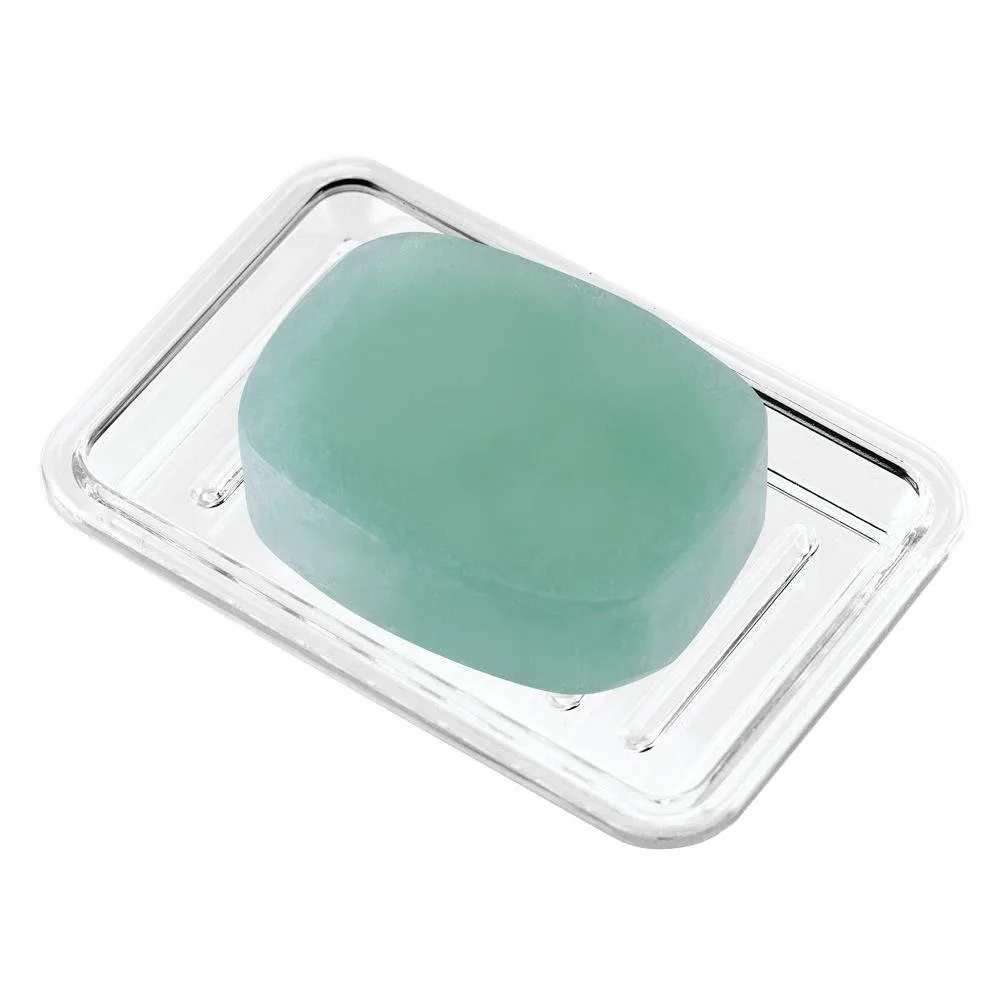 Clear rectangular plastic soap saver tray, 3.5 by 5.25 inches, textured surface, freestanding