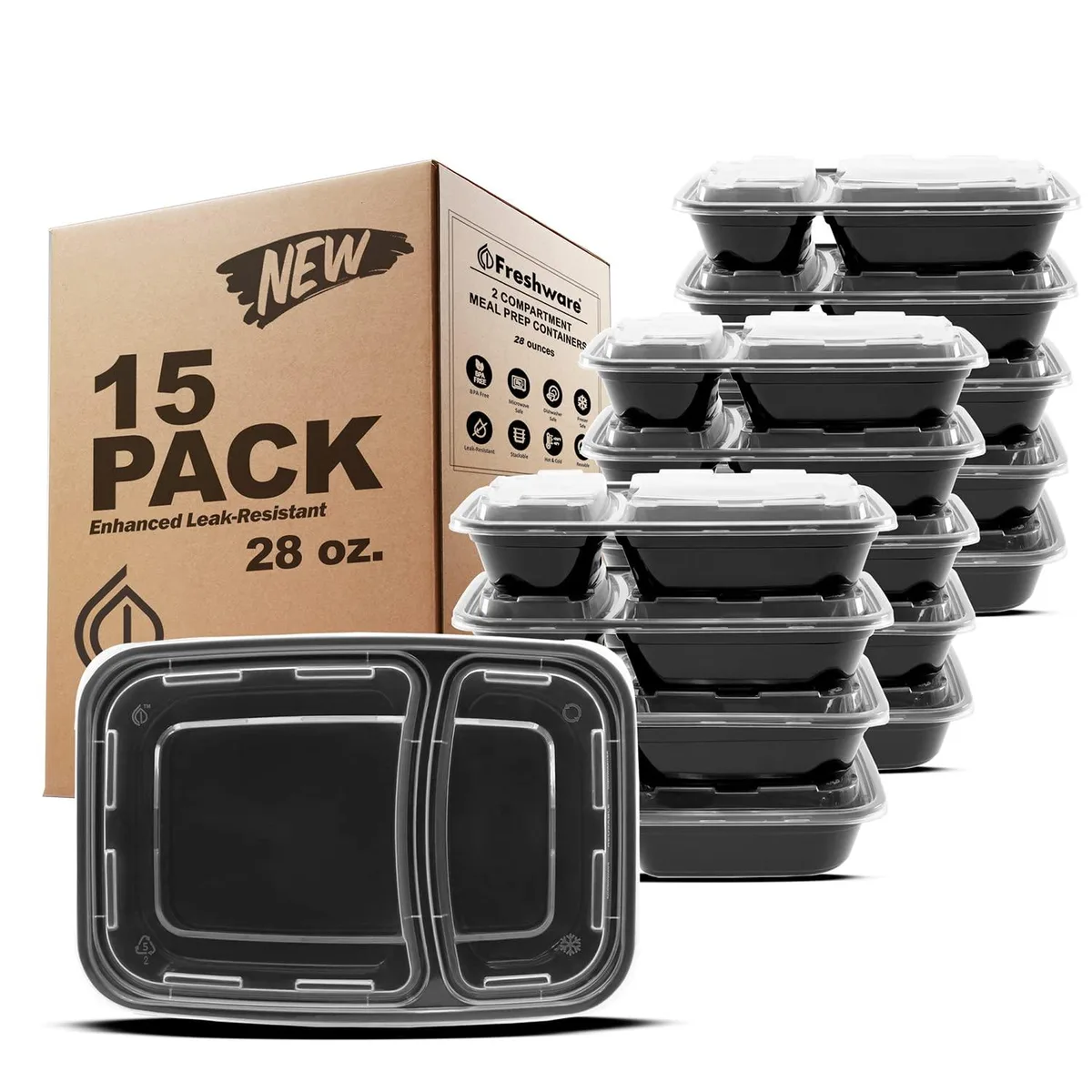 Fifteen black polypropylene two-compartment containers with lids, 28 oz each