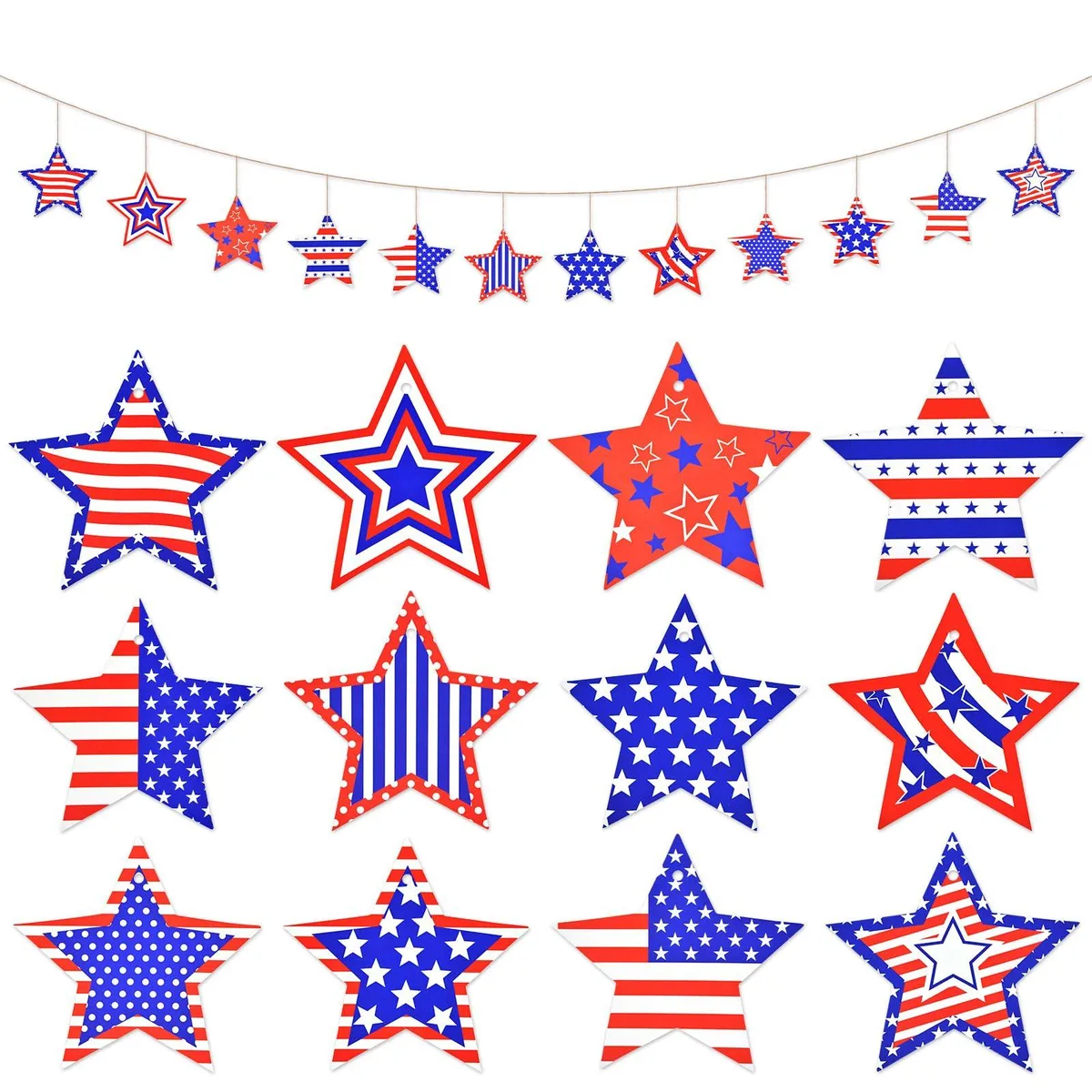Twenty-four red white and blue paper stars with jute loops