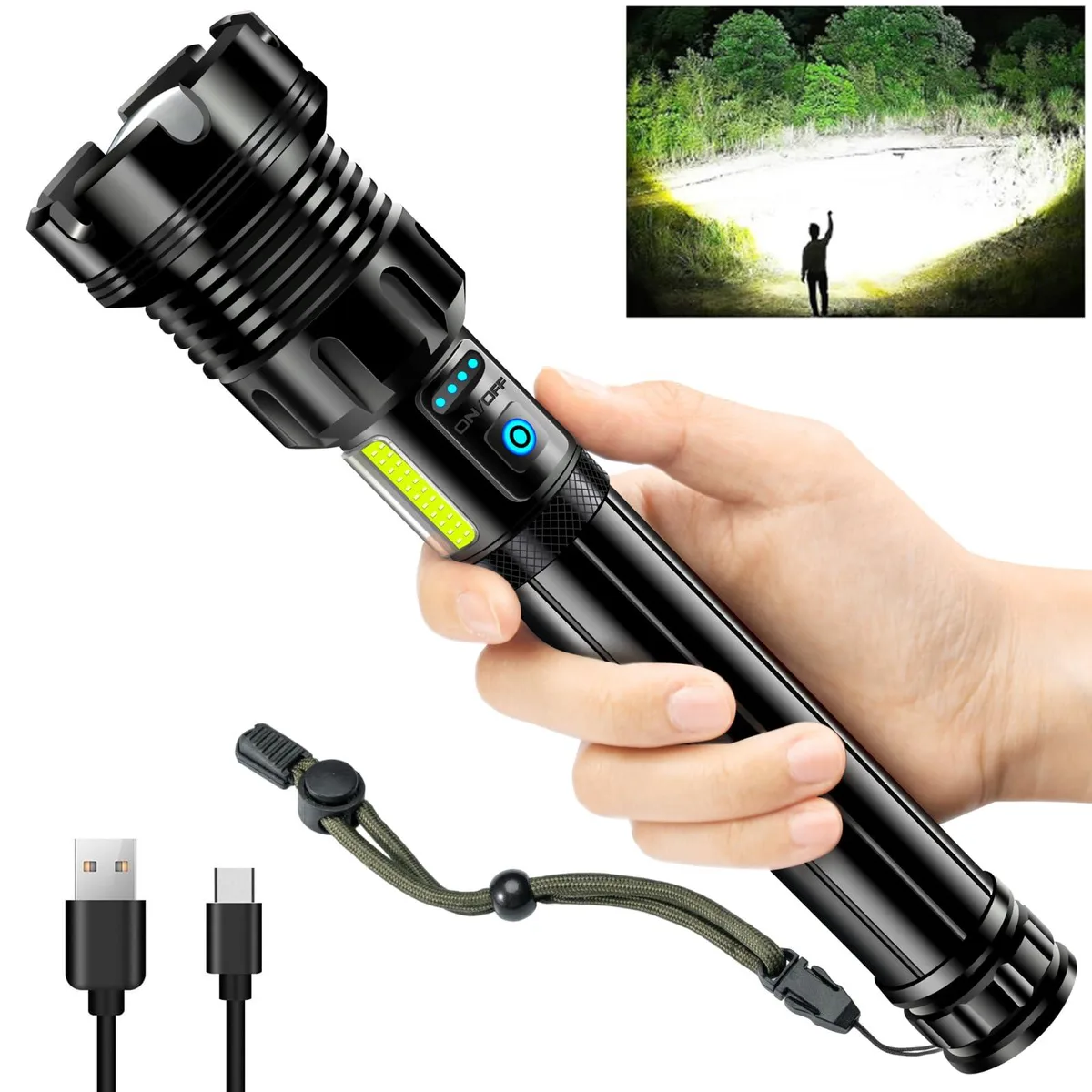 Compact aluminium flashlight with zoom head, USB-C port and COB side light, dark grey finish