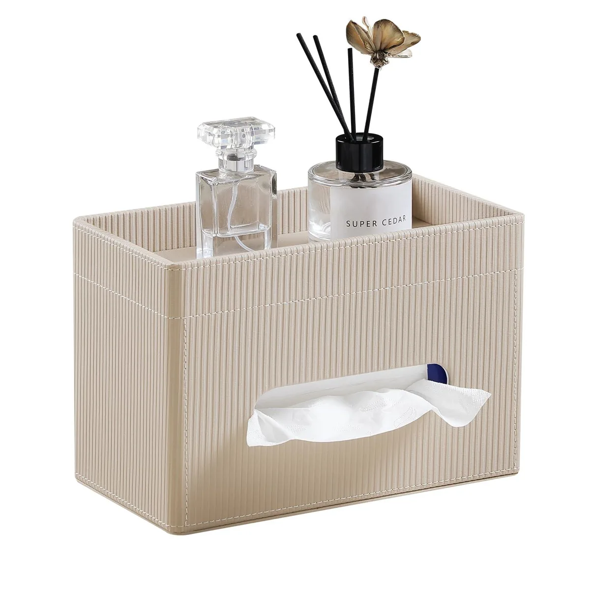 Rectangular beige PU leather tissue box cover with top storage tray