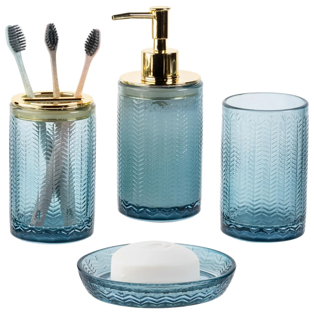 Four-piece blue glass bathroom set with embossed chevron pattern and brass-toned pump dispenser, soap dish, tumbler