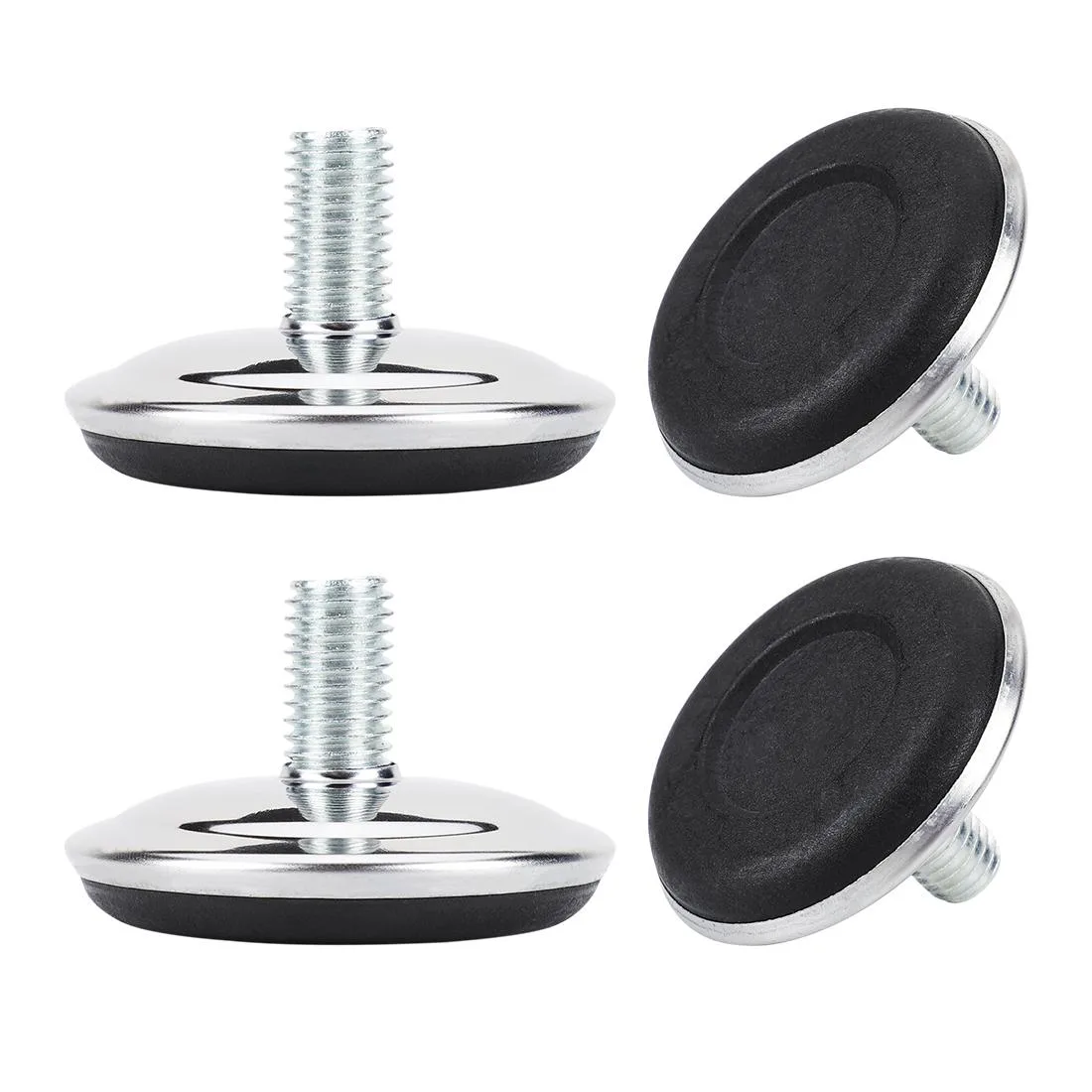 Four silver metal leveling feet with black plastic bases and threaded stems
