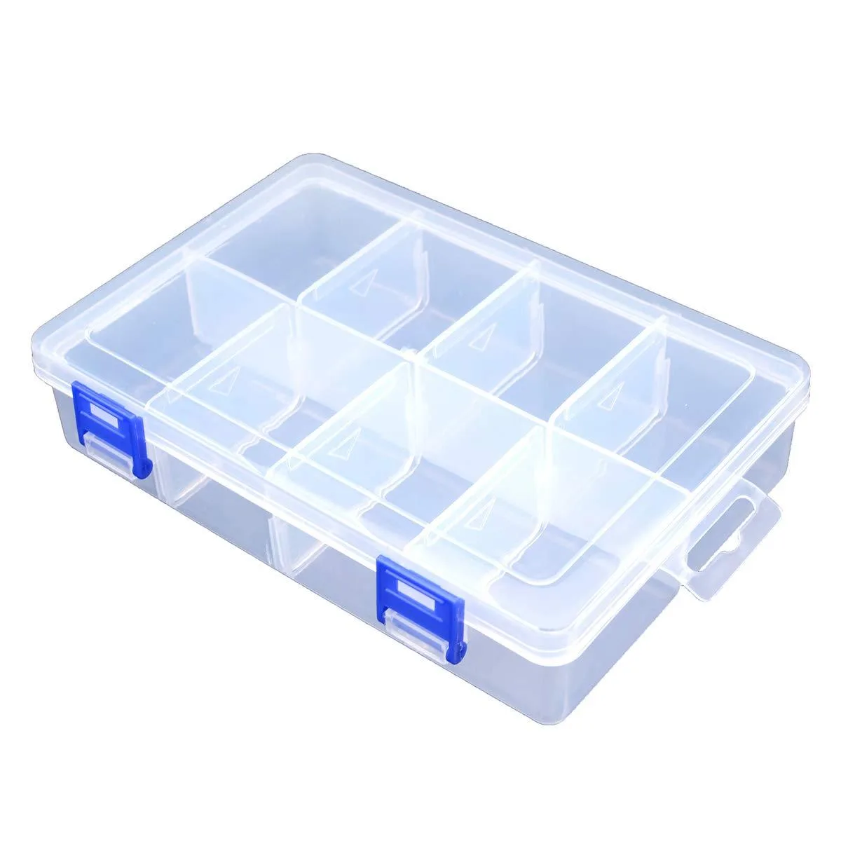 Clear rectangular plastic storage box with eight adjustable compartments and blue latch