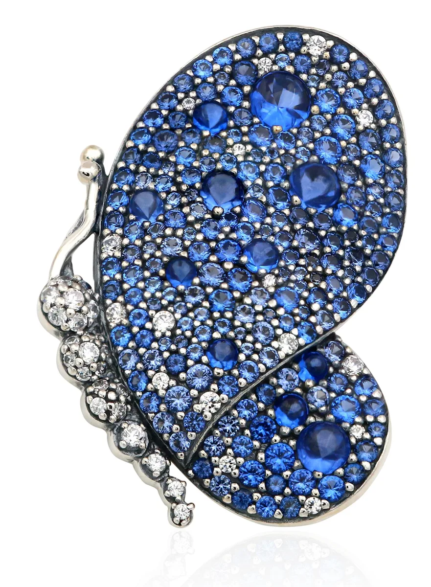 Sterling silver butterfly brooch with royal blue crystals and clear stones, wearable as pendant