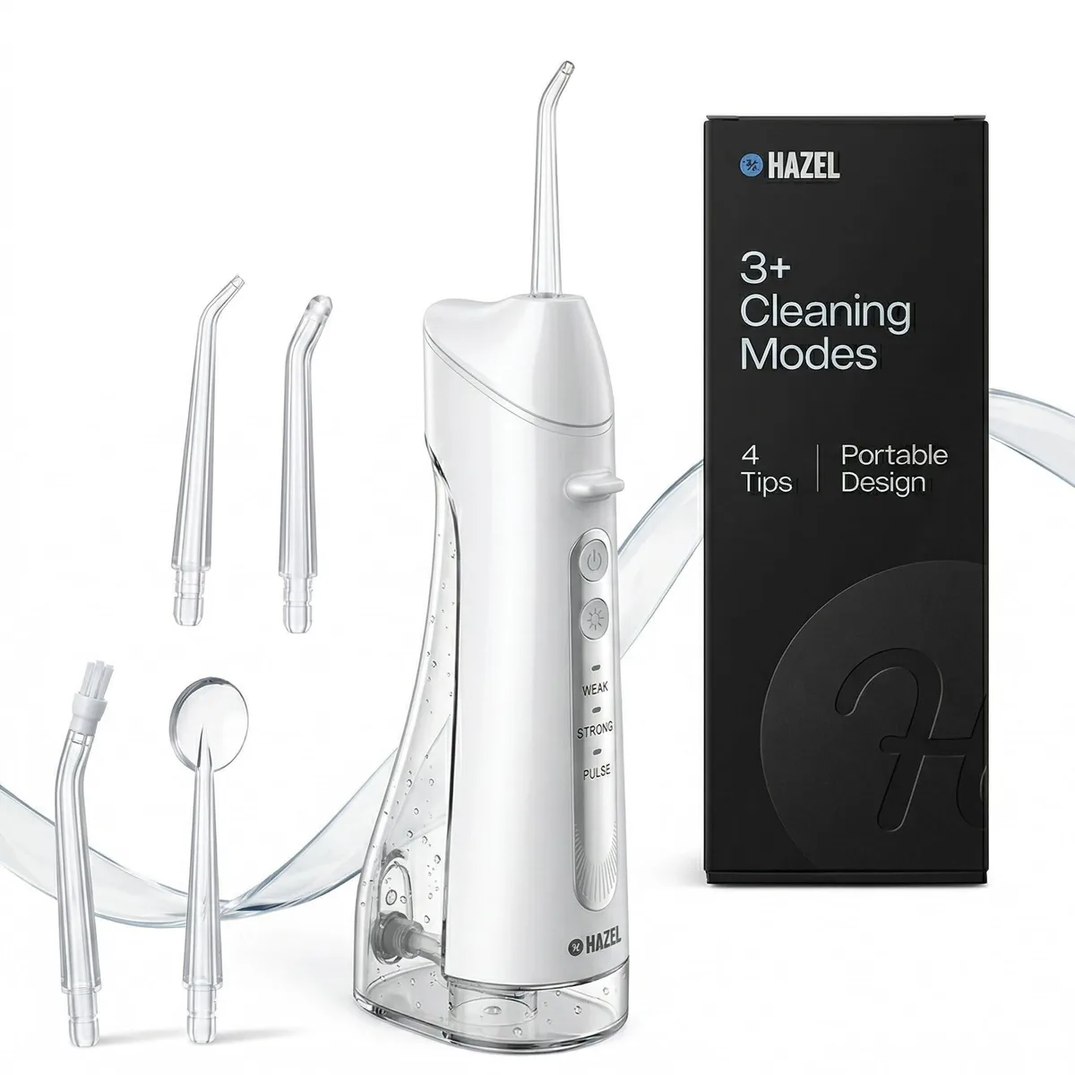 White cordless water flosser with detachable 300ml tank and four tips
