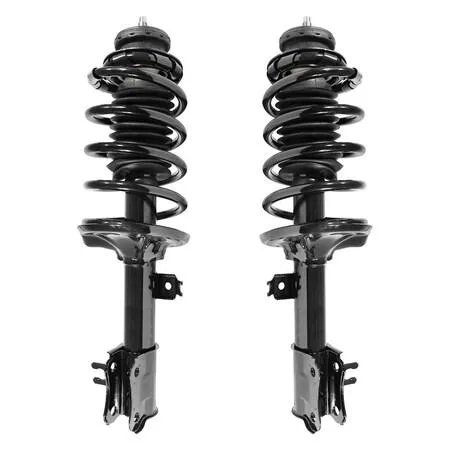Pair of silver front strut assemblies with coil springs and top mounts