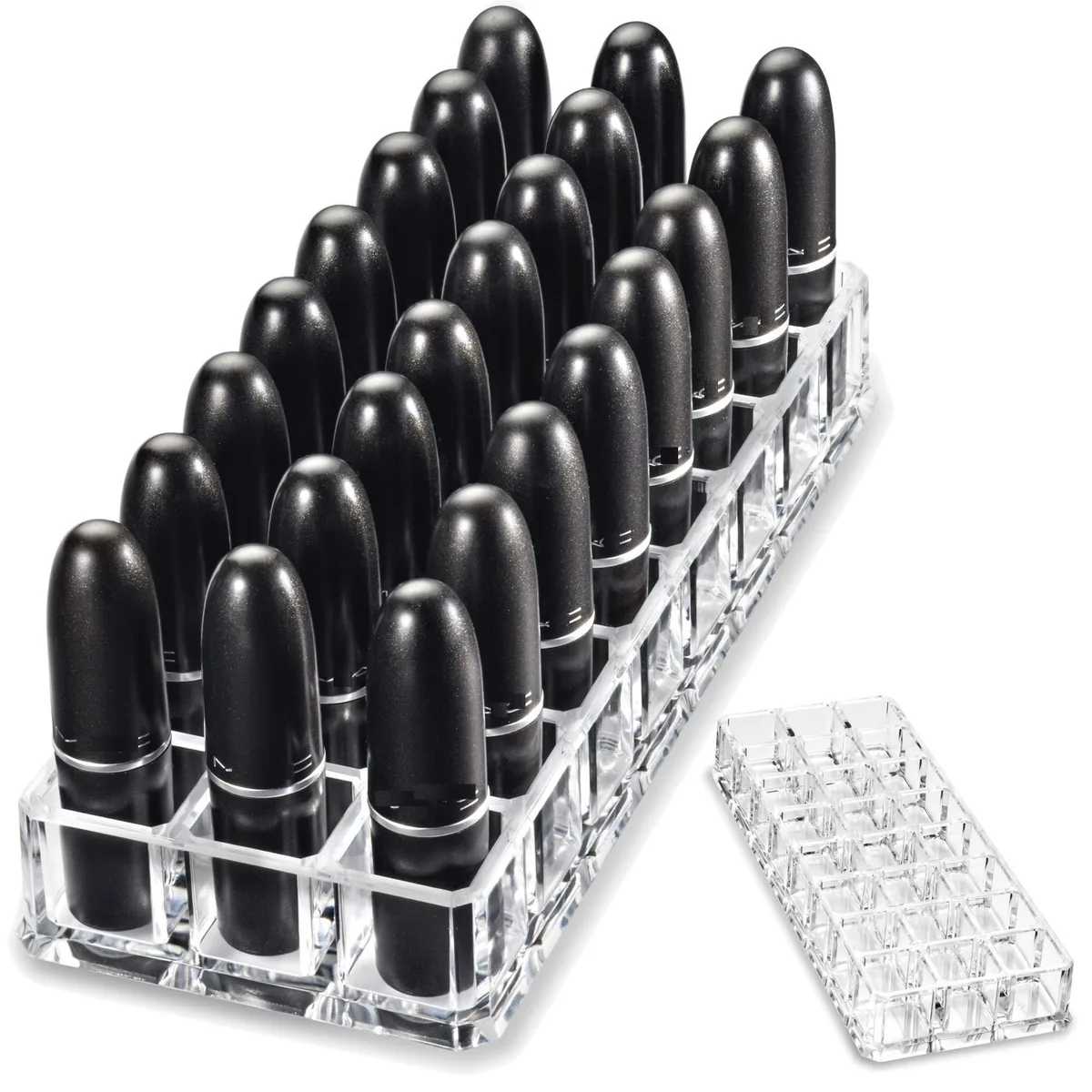 Clear acrylic lipstick organizer, 24 slots, rectangular, polished finish