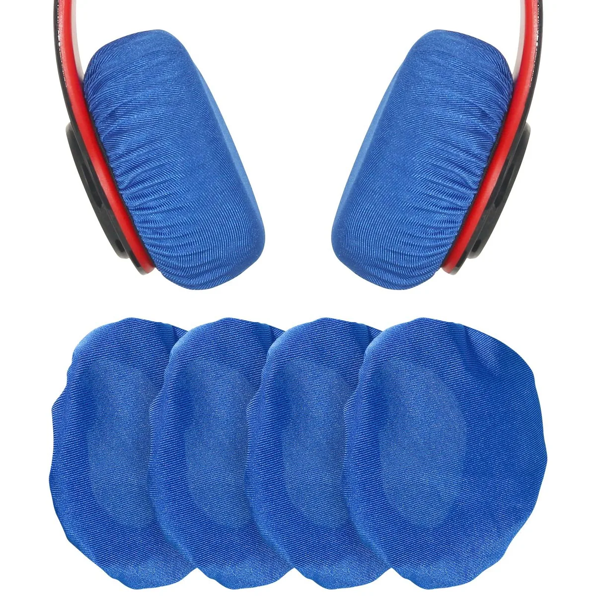 Two pairs of blue stretch-fabric earpad covers shown flat, open circular shape, soft matte finish