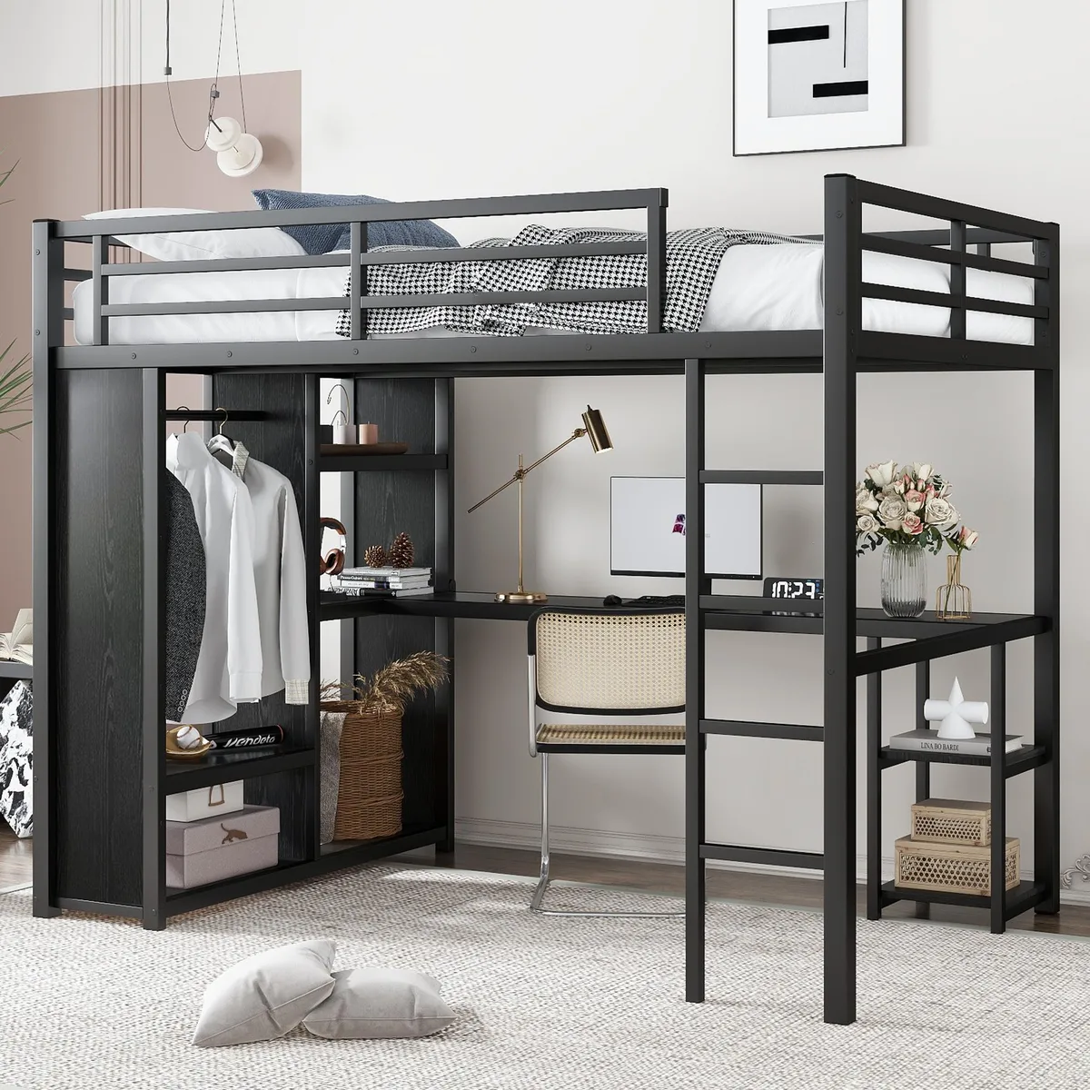tuphen tuphen Full Size Loft Bed Frame with Wardrobe Desk Shelves Black — product photo