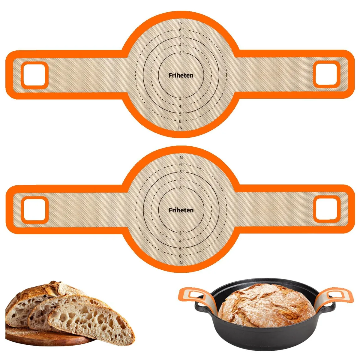 Orange silicone bread sling with long handles, flat mat form