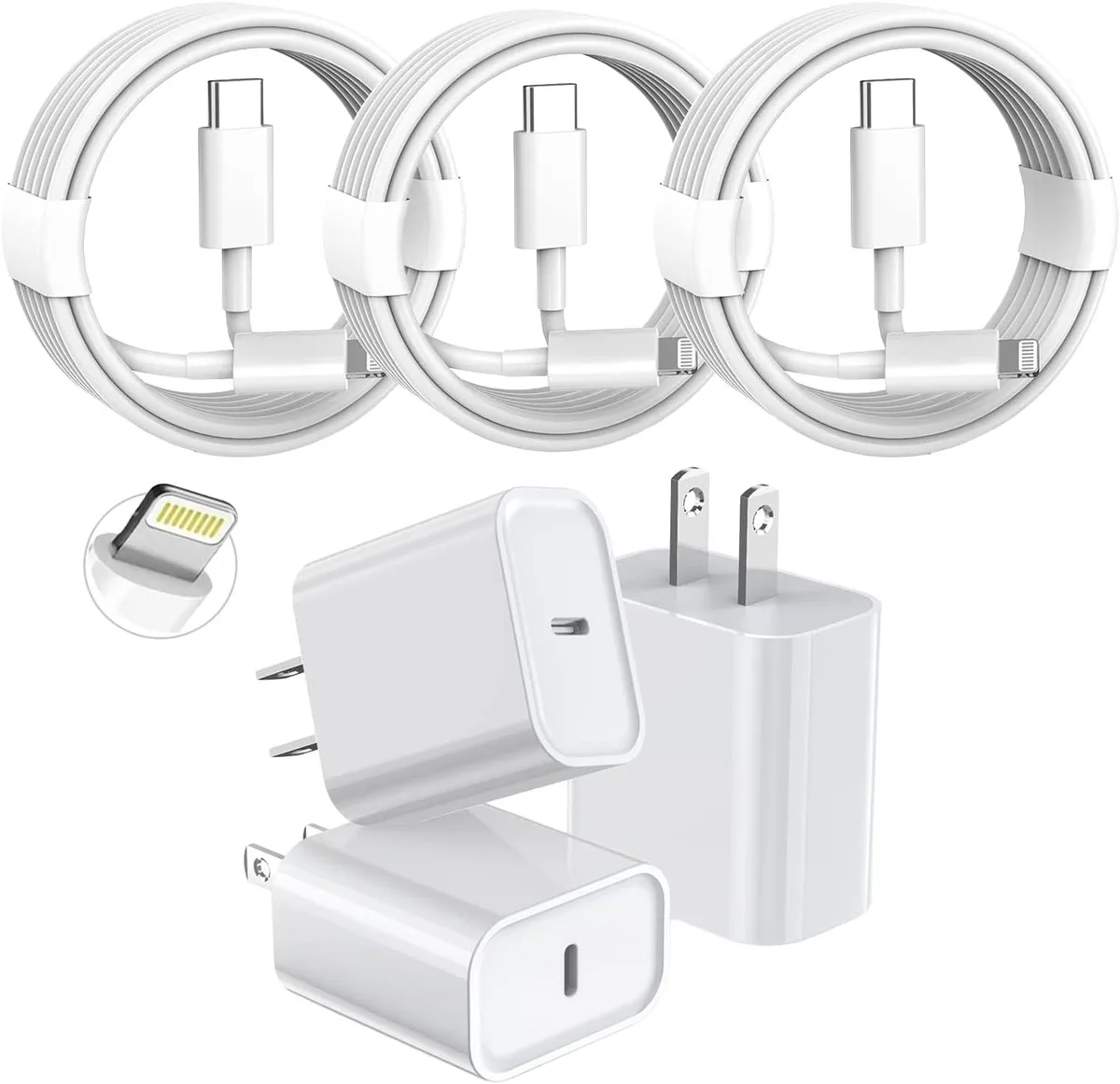 Three white USB-C to Lightning cables coiled together