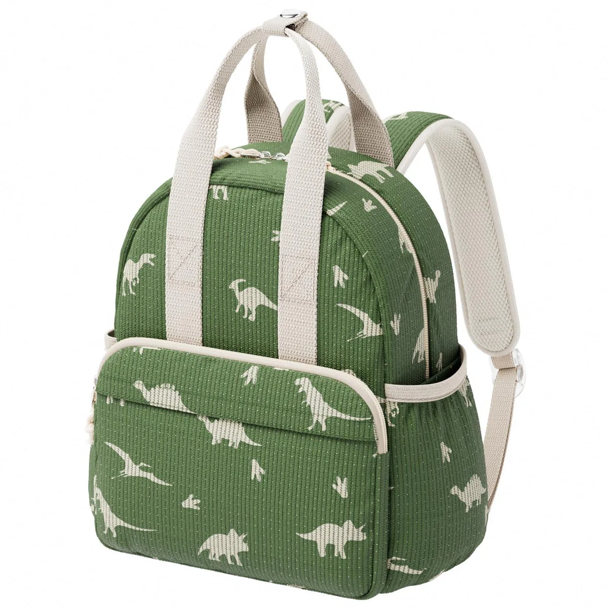 Beige corduroy toddler backpack with dinosaur print, 12 inches tall, soft shoulder straps, top handle, front zip pocket, side pockets